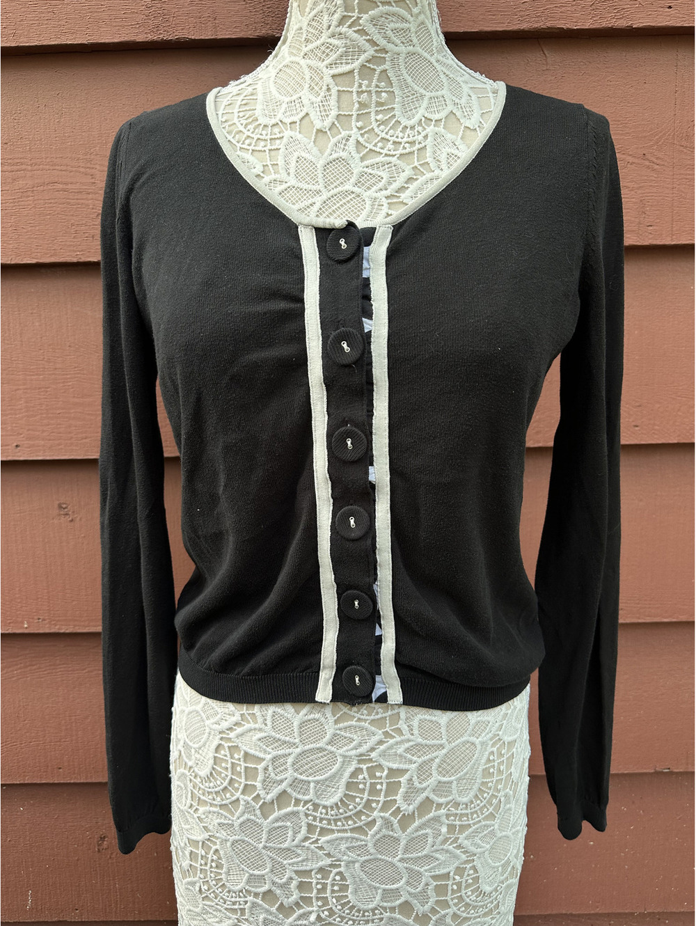 August Silk Black and White Trim Button Up Cardigan Sweater Classic